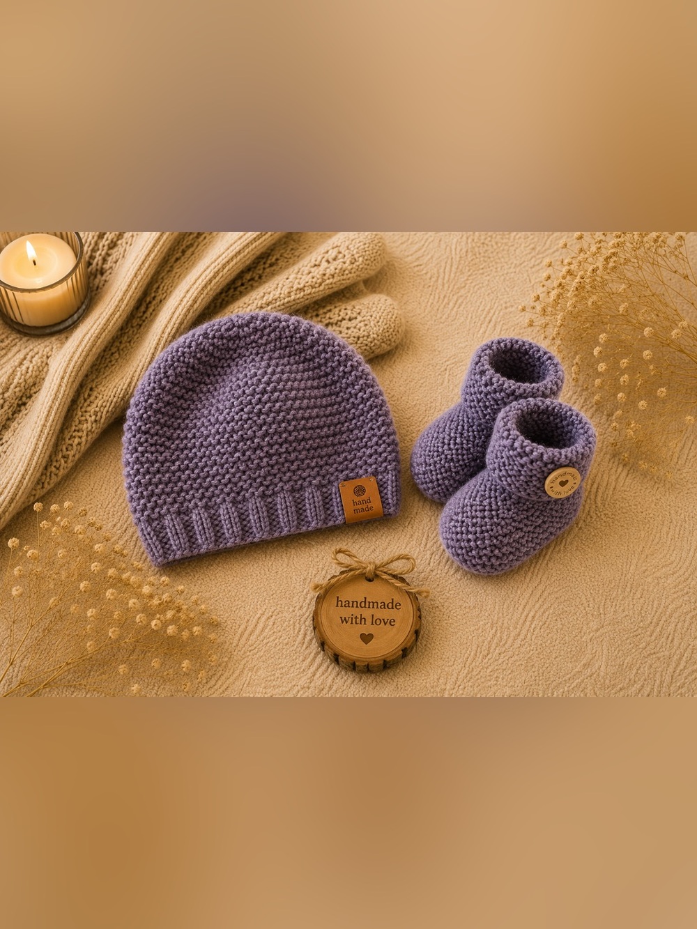 Handmade Lavender Knit Baby Hat and Booties Set